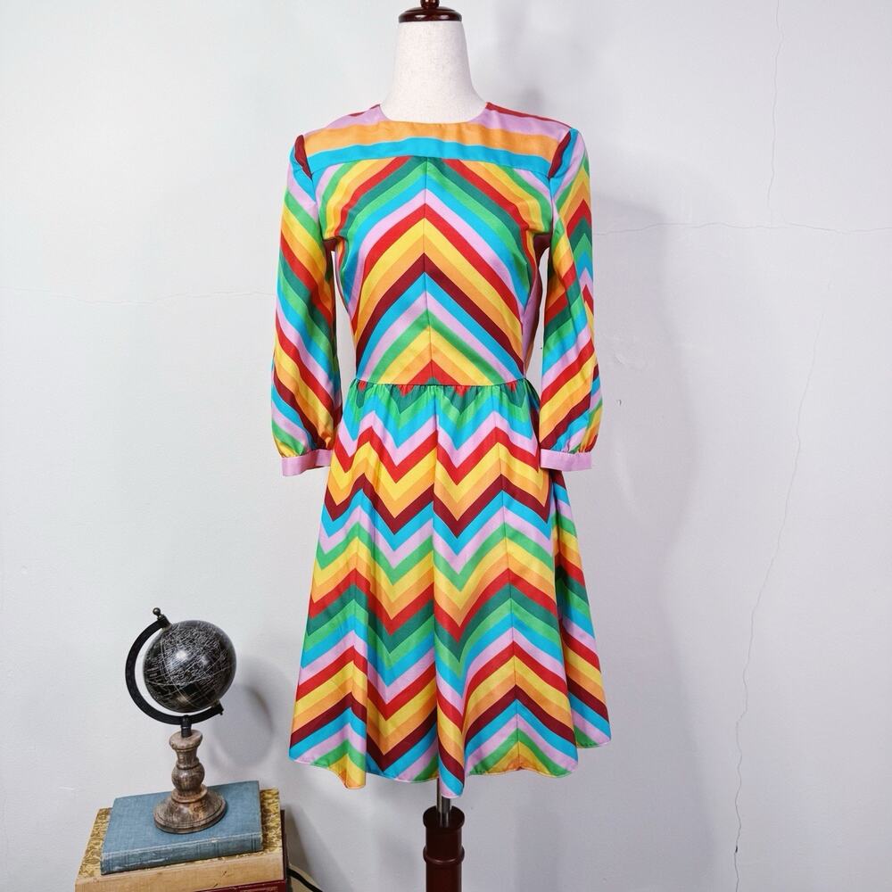 Valentino Multicolor Chevron Silk Dress 40 NWT Vibrant Rainbow Mini Fit Flare